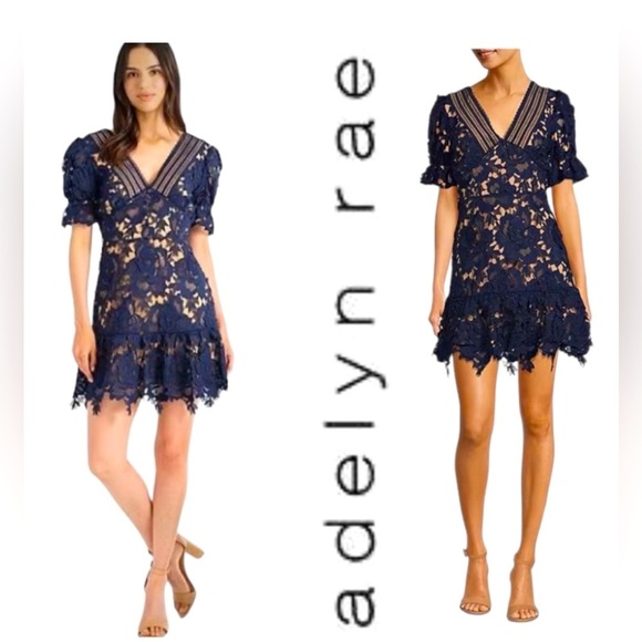 EUC Adelyn Rae Floral Lace Navy V-Neck Short SleeveScalloped Hem Dress Size  XS
